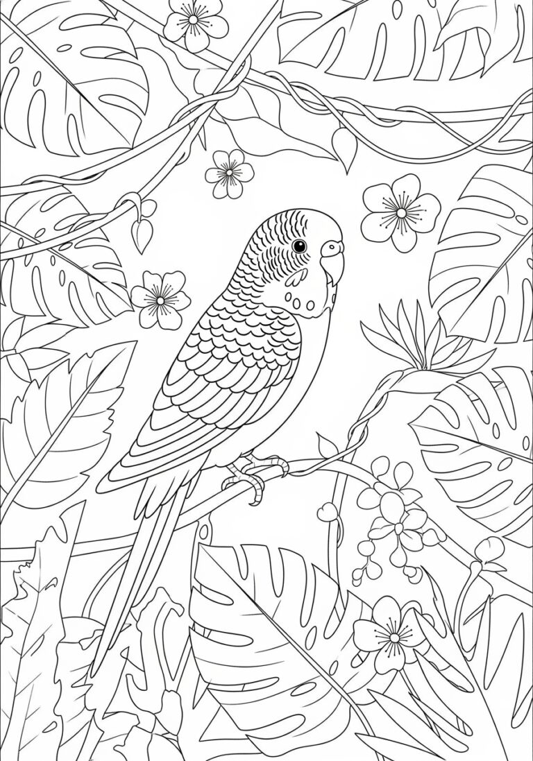 Parakeet in a Jungle Adventure Coloring Page