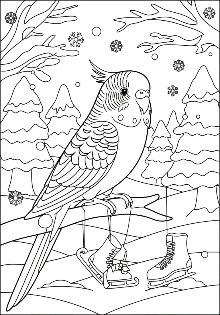 Parakeet in a Winter Wonderland Coloring Page