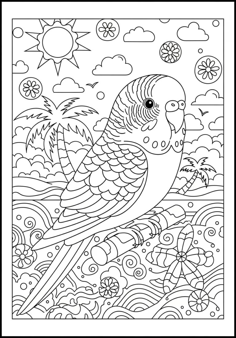 Parakeet on a Beach Day Coloring Page
