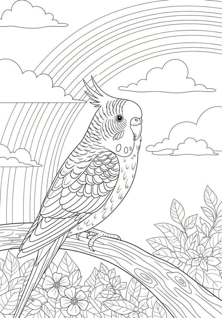 Parakeet with a Rainbow Background Coloring Page