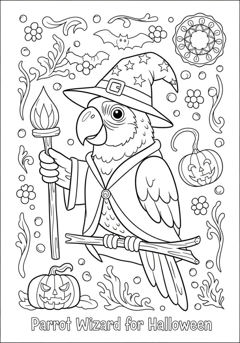 Parrot Dressed as a Wizard for Halloween Coloring Page