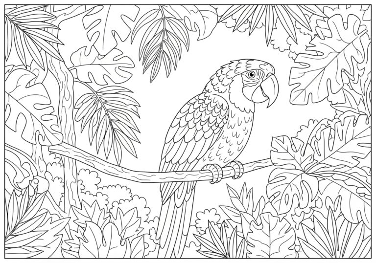 Parrot in a Tropical Rainforest Coloring Page