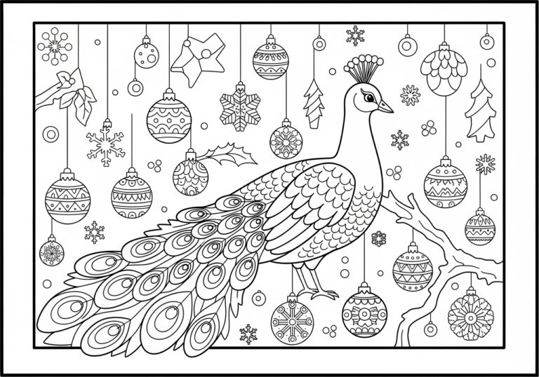 Peacock in a Christmas Wonderland Coloring Page
