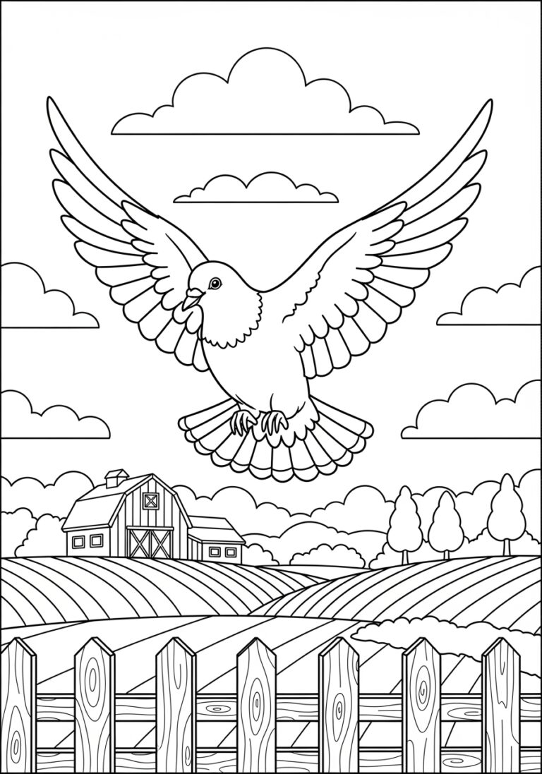 Pigeon Flying Over a Farm Coloring Page