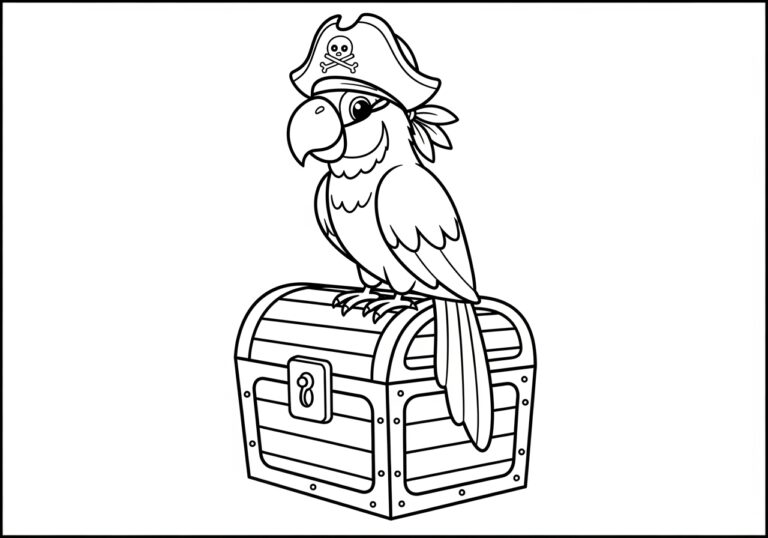 Pirate Parrot on a Treasure Chest Coloring Page