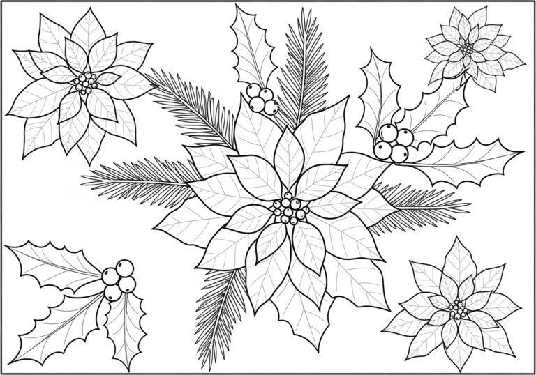 Poinsettia and Holly Coloring Page