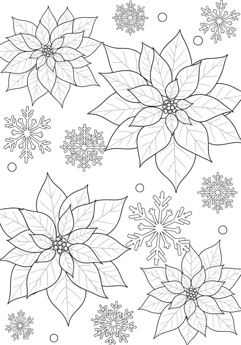 Poinsettia and Snowflake Coloring Page