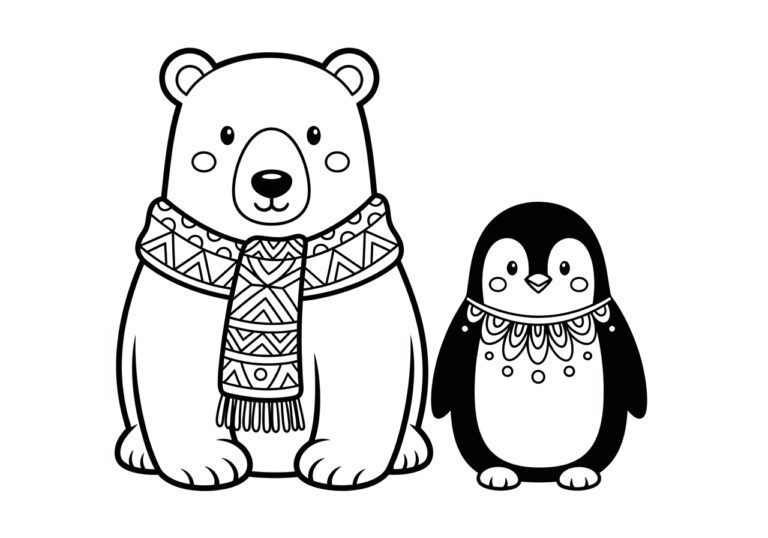 Polar Bear and Penguin Coloring Page