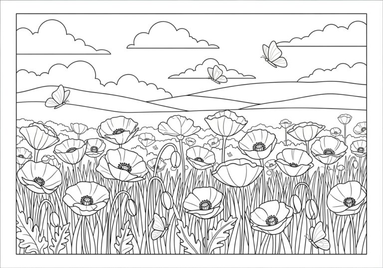 Poppy Field in Spring Coloring Page