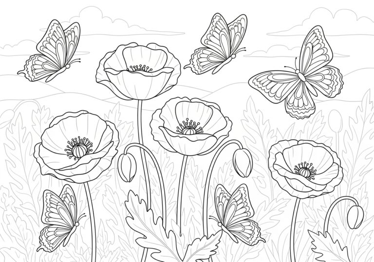 Poppy with Butterfly Coloring Page