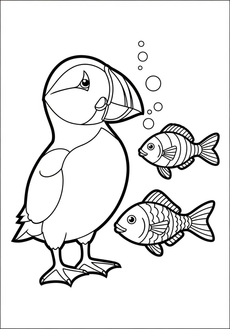 Puffin and Fish Coloring Page