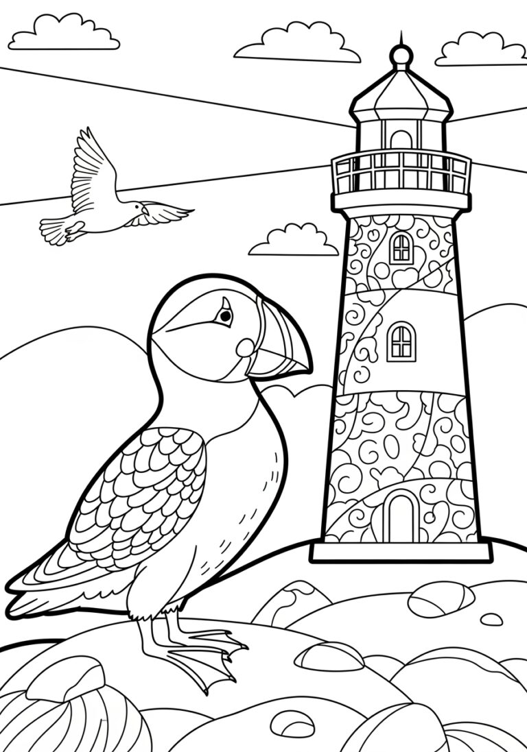 Puffin and Lighthouse Coloring Page