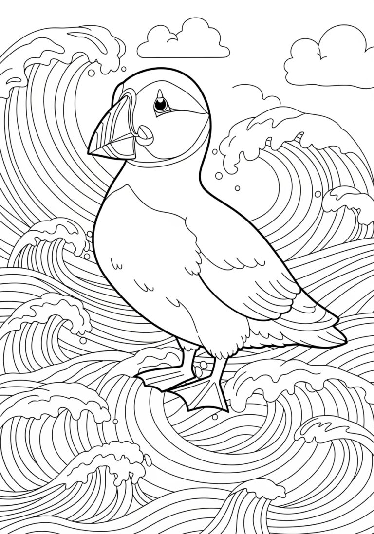 Puffin and Ocean Waves Coloring Page