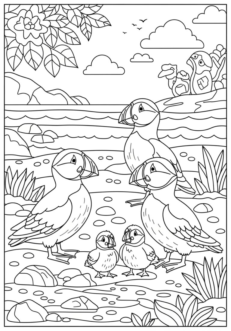 Puffin Family Coloring Page