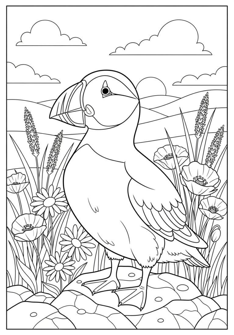 Puffin in a Flower Garden Coloring Page