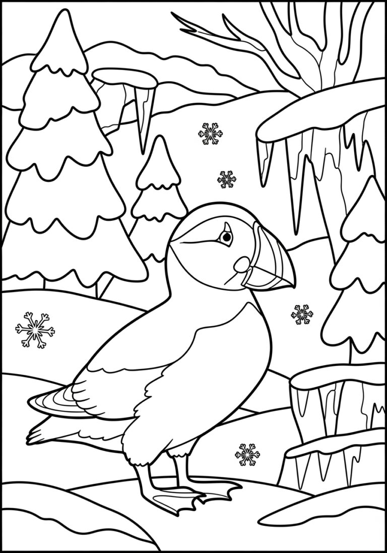 Puffin in Winter Scene Coloring Page