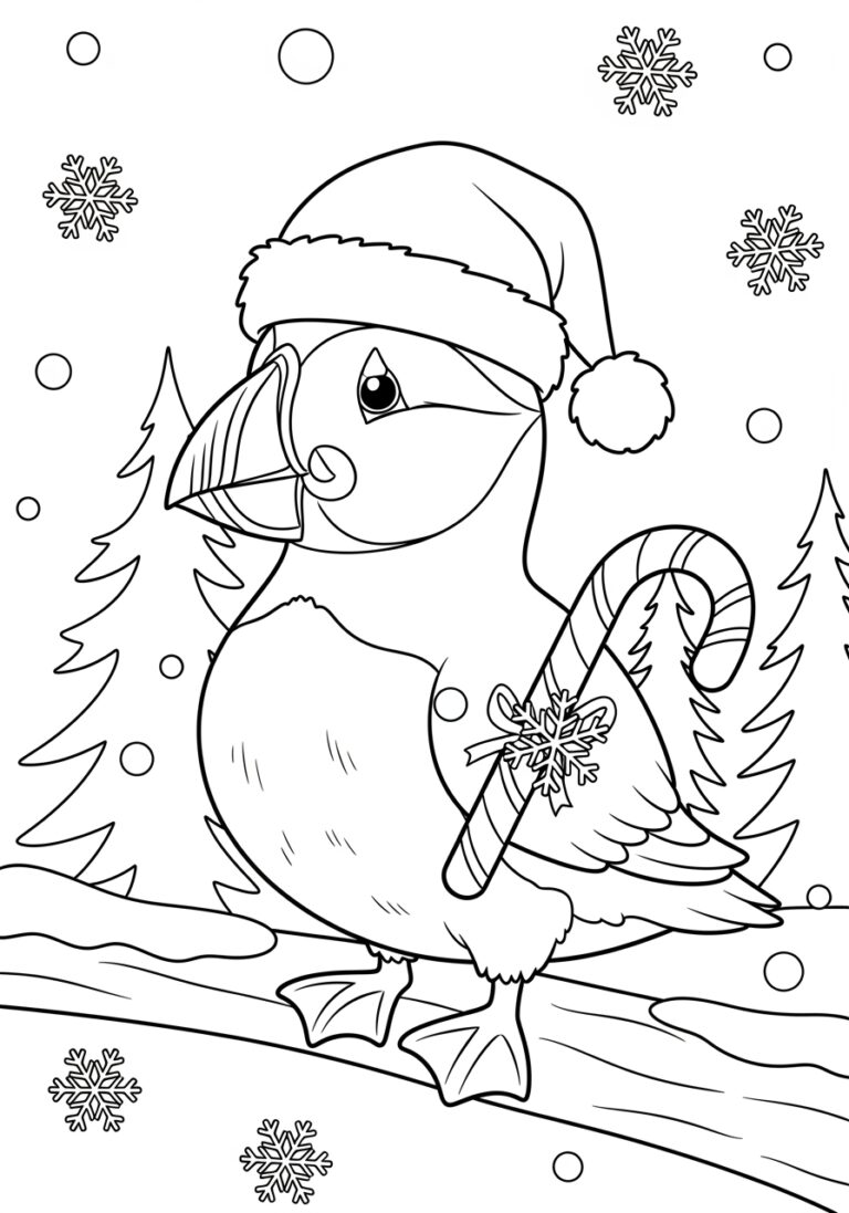 Puffin with Christmas Hat Coloring Page