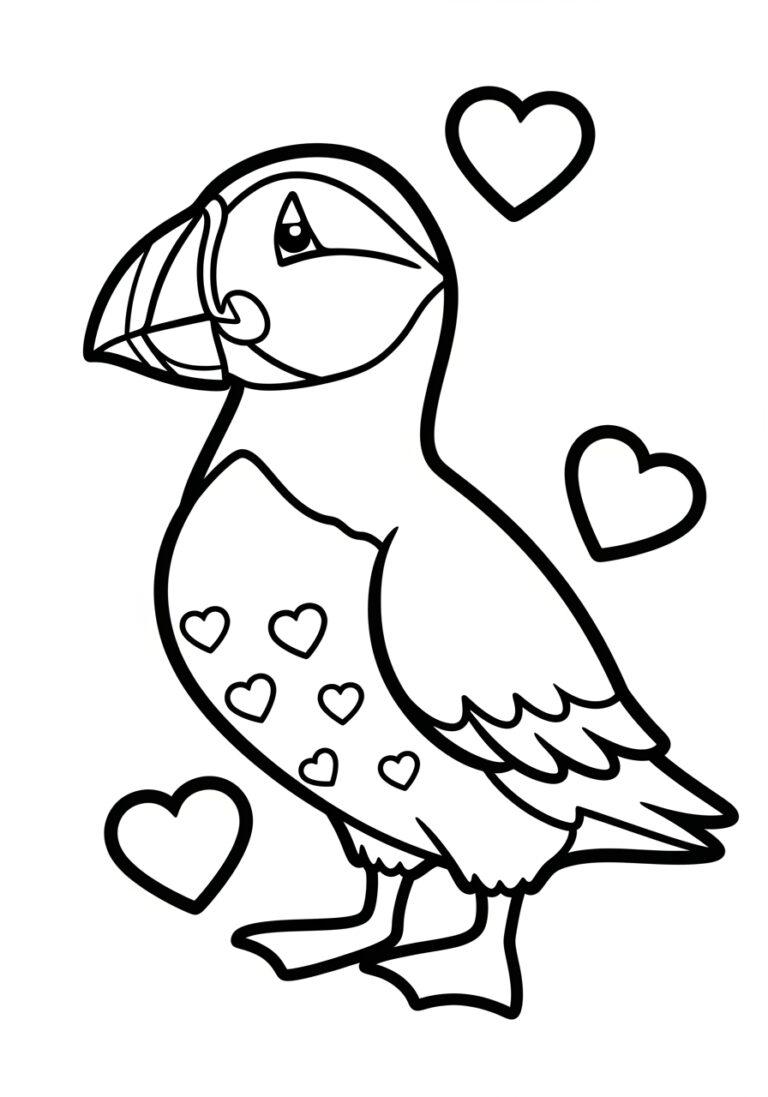 Puffin with Valentine’s Heart Coloring Page