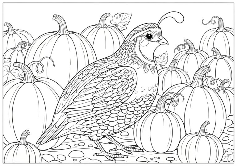 Quail in a Pumpkin Patch Coloring Page