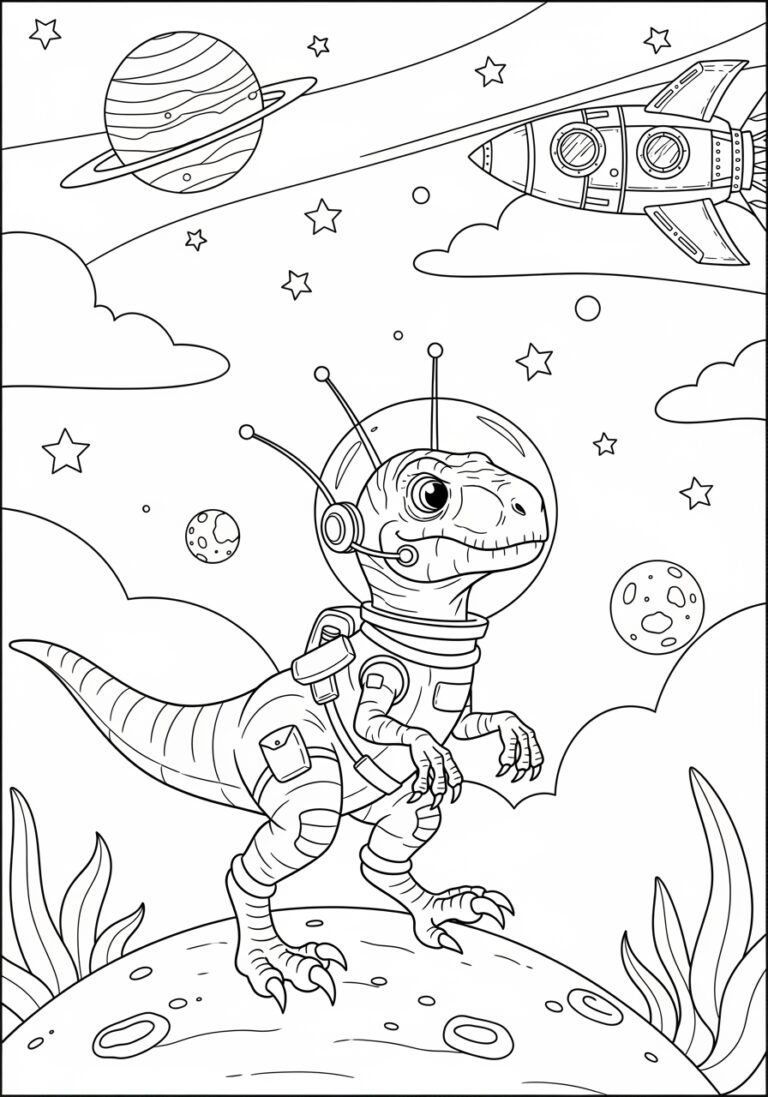 Raptor Exploring Outer Space Coloring Page