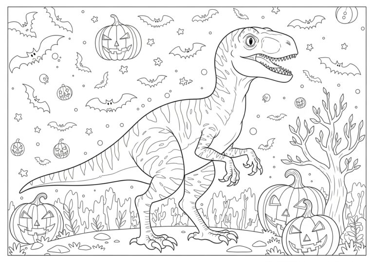 Raptor in a Spooky Halloween Scene Coloring Page