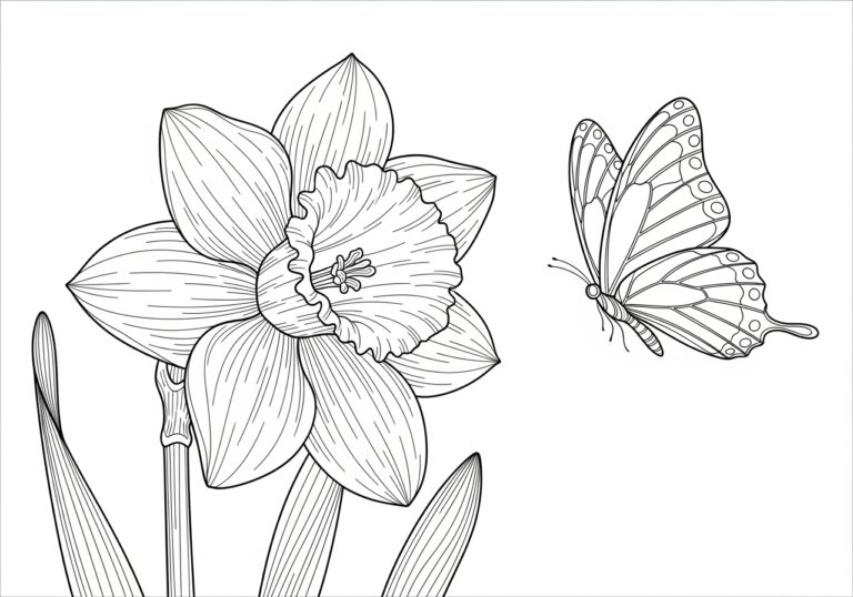 Realistic Daffodil and Butterfly Coloring Page