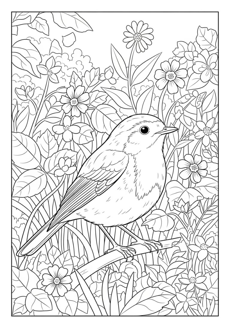 Robin in a Summer Garden Coloring Page