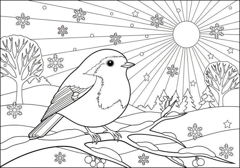Robin in Winter Scene Coloring Page