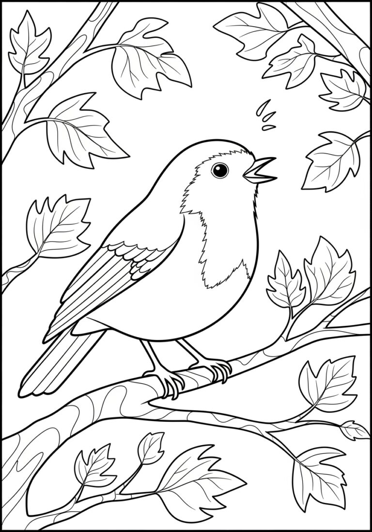 Robin Singing on a Tree Branch Coloring Page