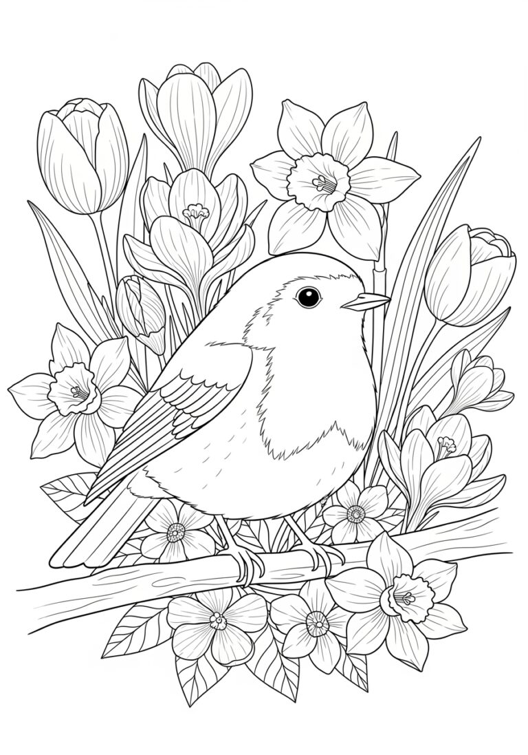 Robin with Spring Flowers Coloring Page
