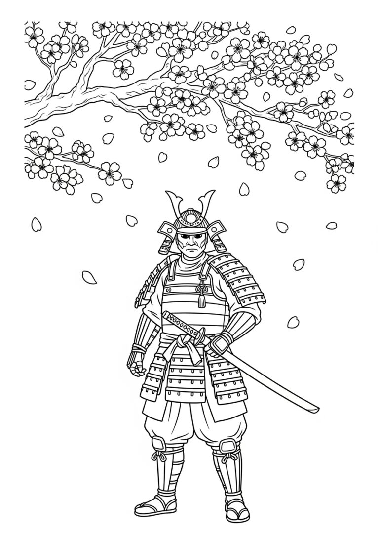 Samurai under Cherry Blossoms Coloring Page