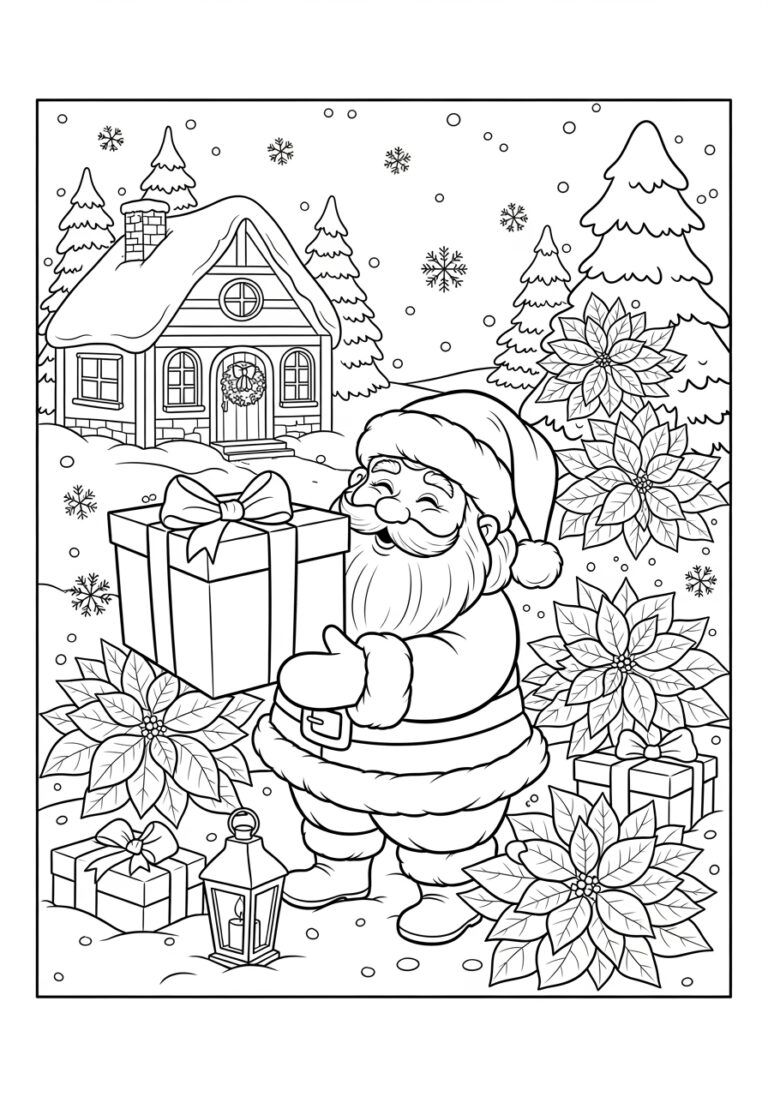 Santa with Poinsettia Coloring Page