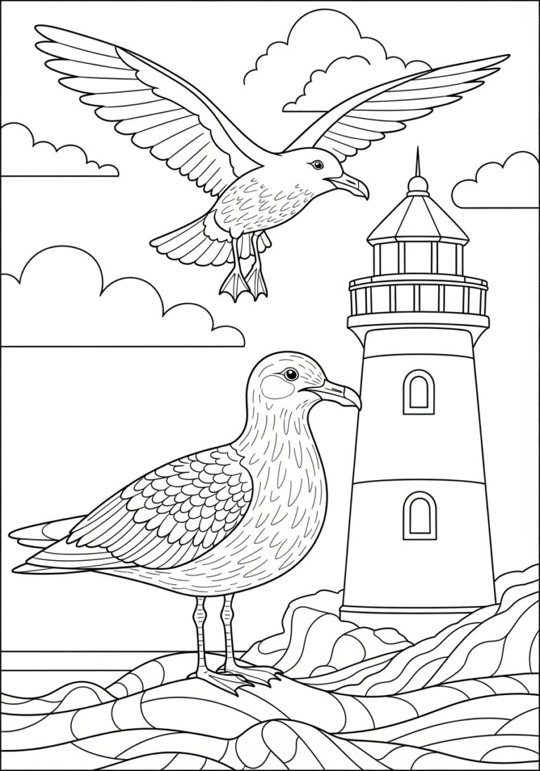 Seagull and Lighthouse Scene Coloring Page