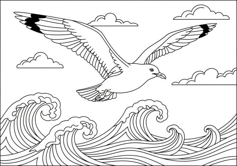 Seagull Flying Over Ocean Waves Coloring Page