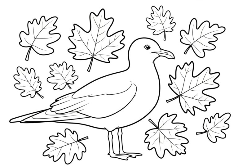 Seagull with Autumn Leaves for Thanksgiving Coloring Page