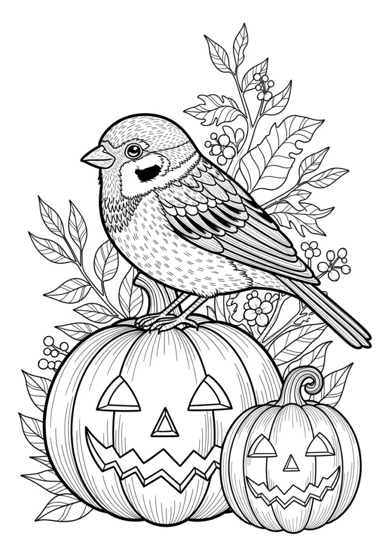 Sparrow and Pumpkin Halloween Coloring Page
