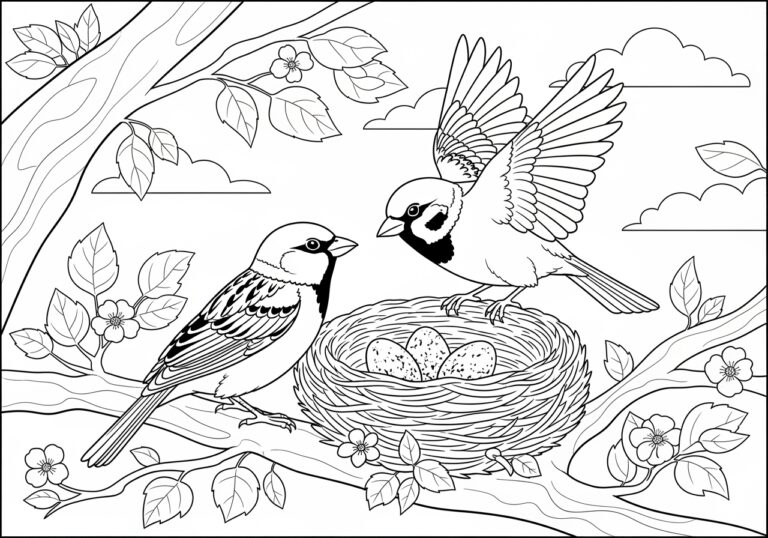 Sparrow Family Nest Coloring Page