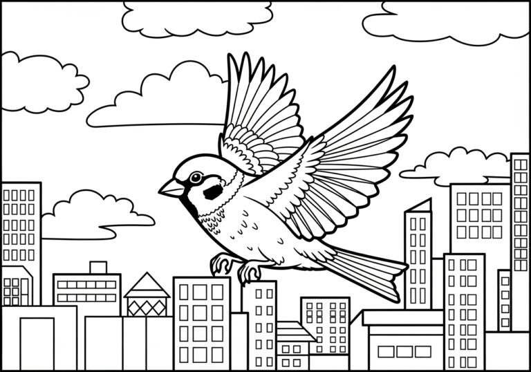Sparrow Flying Over a Cityscape Coloring Page