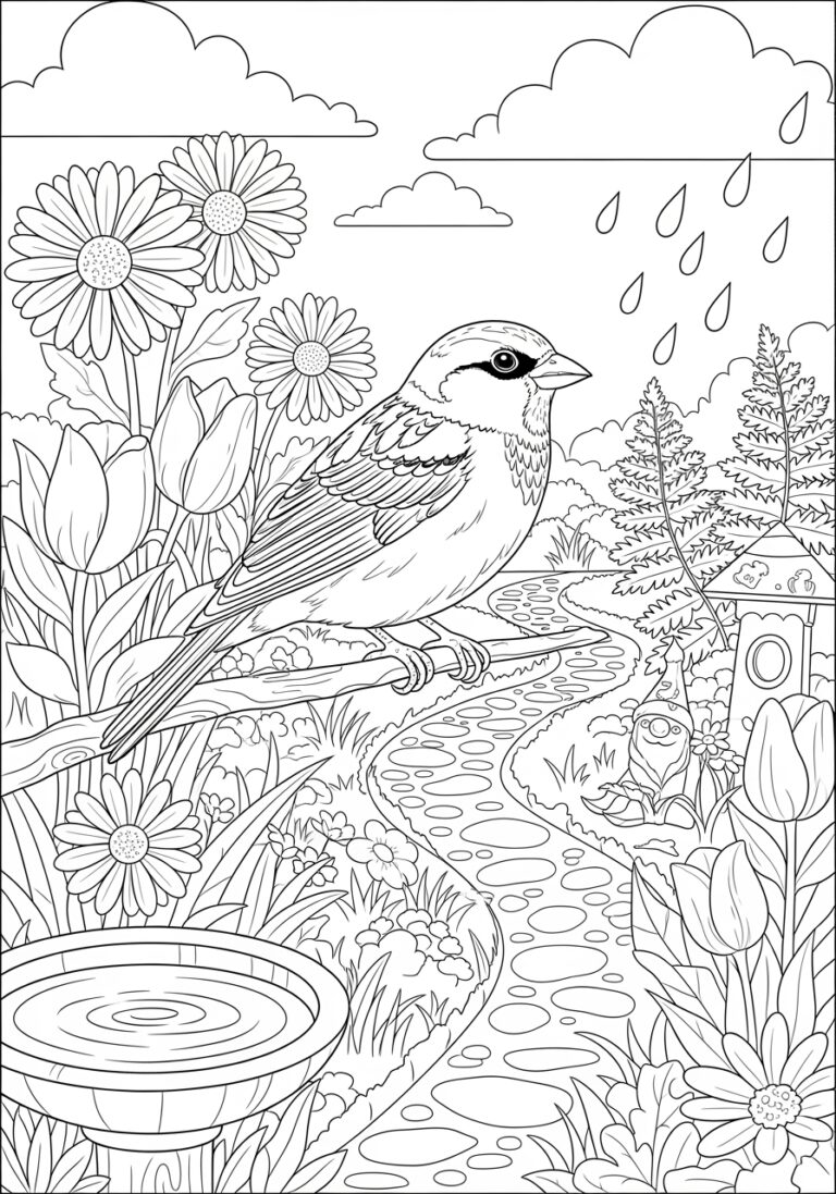Sparrow in a Spring Garden Coloring Page