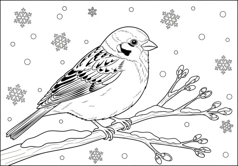 Sparrow on a Snowy Branch Coloring Page