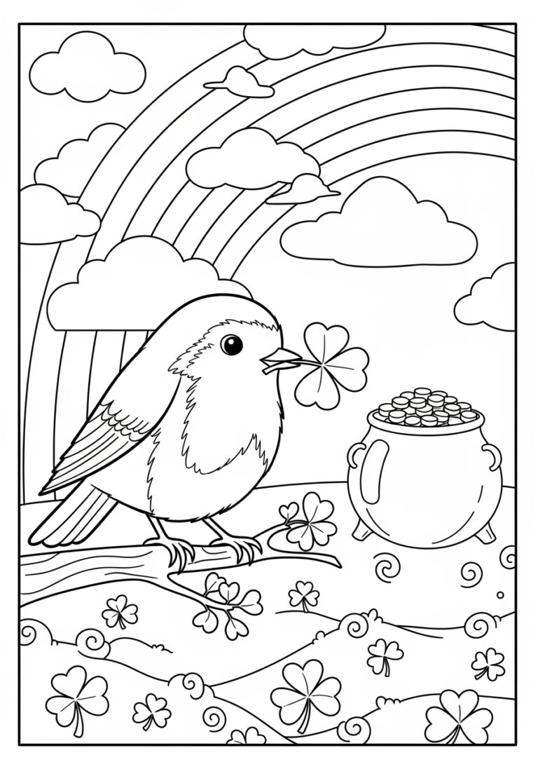 St. Patrick’s Day Robin with a Shamrock Coloring Page