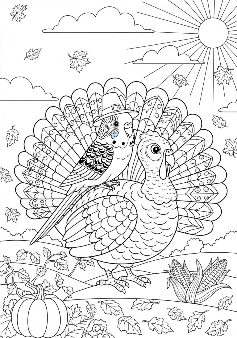 Thanksgiving Budgie with a Turkey Coloring Page
