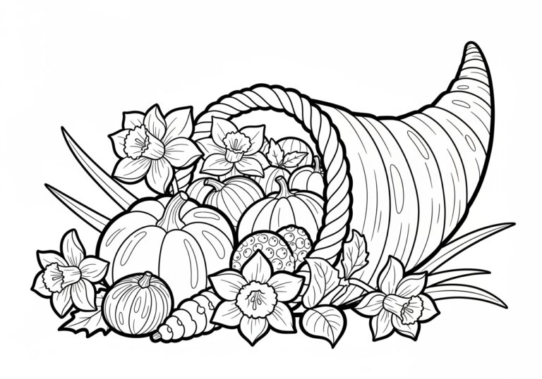 Thanksgiving Cornucopia with Daffodils Coloring Page