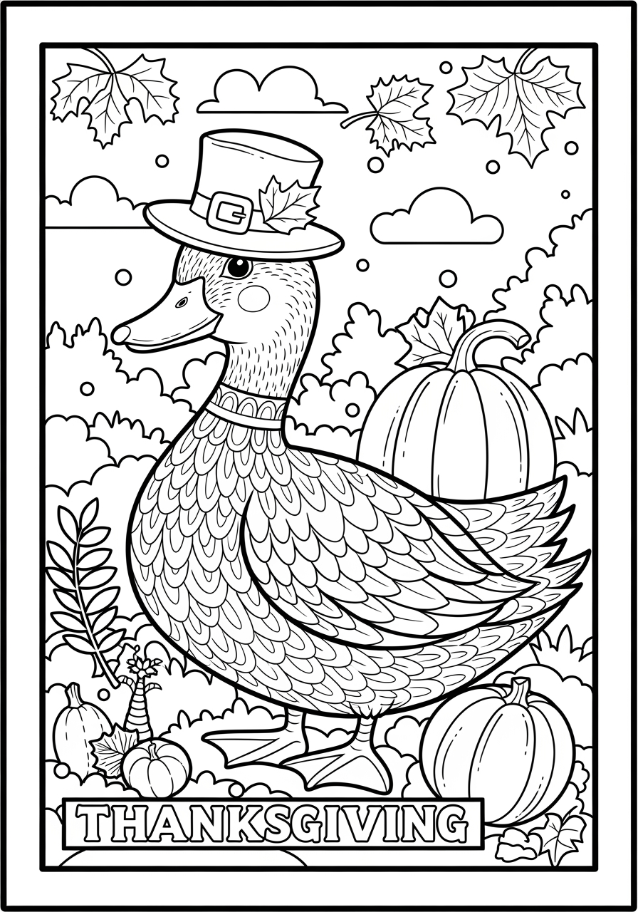 thanksgiving duck with harvest scene coloring page