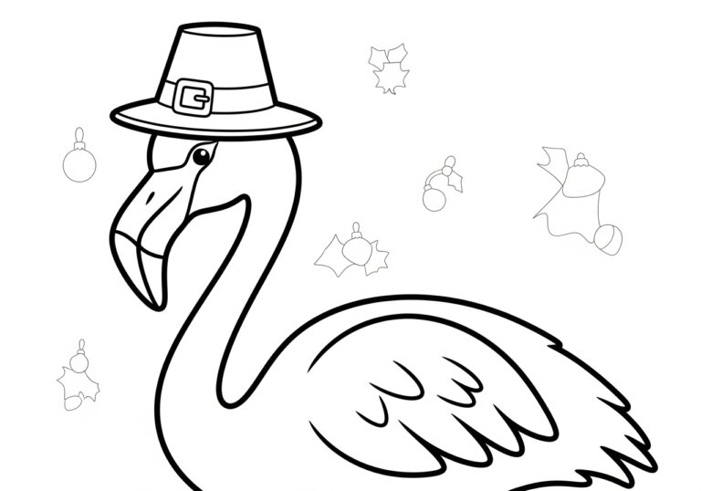 Thanksgiving Flamingo with a Pilgrim Hat Coloring Page