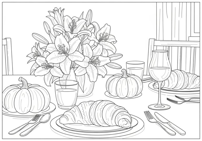 Thanksgiving Table with Lilies Coloring Page