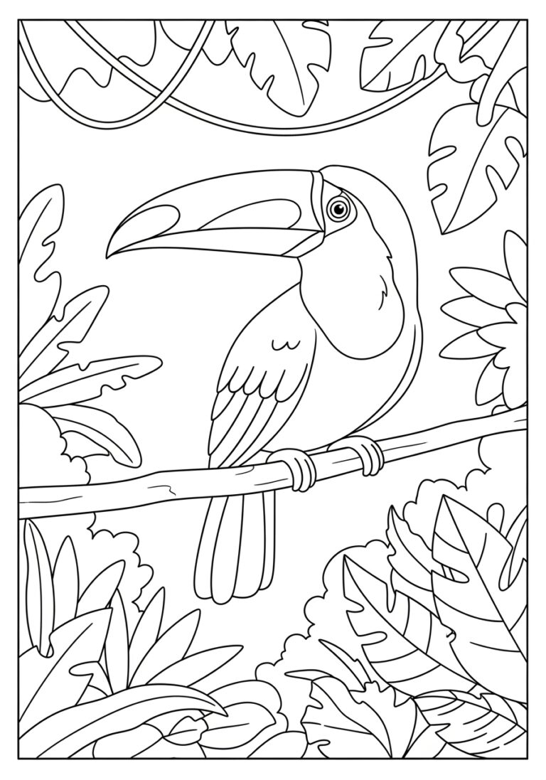 Toucan in a Jungle Scene Coloring Page