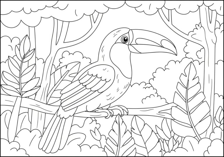Toucan in a Rainforest Coloring Page