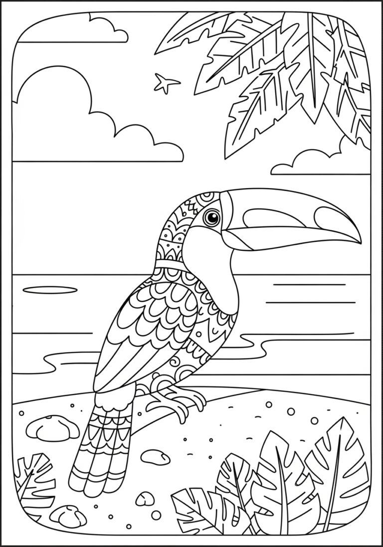 Toucan on a Beach Coloring Page