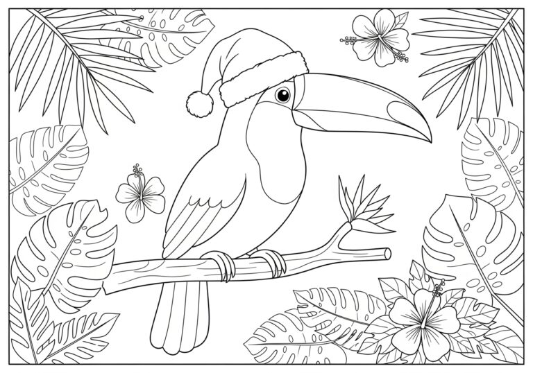 Toucan Wearing a Santa Hat Coloring Page